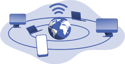 graphic design image showing the earth being orbited by various digital devices and outputting wifi signal 